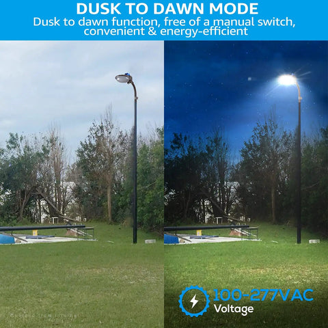 75W LED Barn Light Dusk To Dawn Outdoor Flood Light With Photocell, Mounting Arm Included showing day and night mode