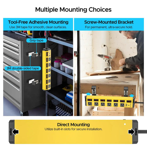 Heavy Duty Metal Power Strip With Six Individually Controlled Switches And 1.77 Inch Wide Outlet Spacing For Bulky Plugs, 1200 Joule Surge Protection, 6 Foot 14 AWG Cord With Flat Plug, Wall Mountable For Home Garage Or Shop