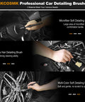 Use of All In One Car Interior Cleaning Kit With Horse Hair Leather Brush on steering wheel, engine, and wheel