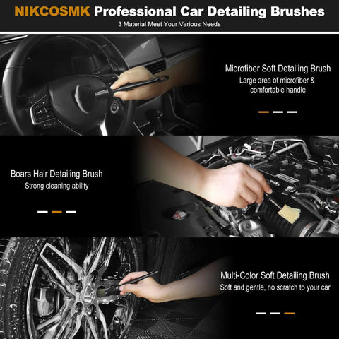 Use of All In One Car Interior Cleaning Kit With Horse Hair Leather Brush on steering wheel, engine, and wheel