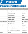 Emergency Stop Push Button Switch specification table with operating temperature, humidity, resistance, vibration, shock, and life ratings