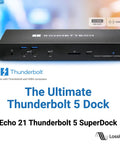 Thunderbolt 5 Dock With M.2 NVMe SSD Expansion And 10Gb Ethernet For Mac And Windows, black docking station with ports.