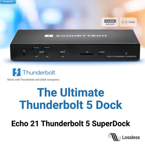 Thunderbolt 5 Dock With M.2 NVMe SSD Expansion And 10Gb Ethernet For Mac And Windows, black docking station with ports.
