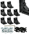 Eight Piece Set Of Tough As Nails Black Corner Brackets Built For 4040 And 4080 Aluminum Extrusion Profiles Featuring Slick Anodized Finish And Complete M8 Hardware Bundle with hardware components