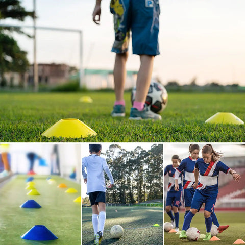 25 Pack Disc Cones With Carry Bag And Holder For Soccer Drills Boundaries Speed Training Obstacles And Targets In Five Vivid Colors used in soccer practice on grass field, kids dribbling with cones in background.
