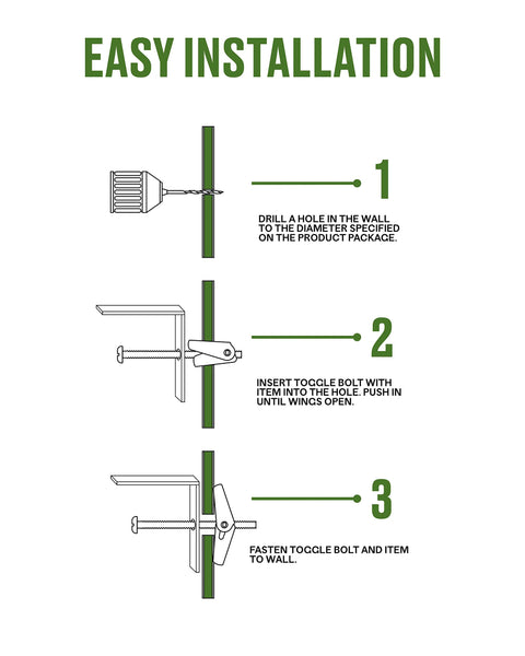 Round Head Machine Screw Toggle Bolts For Drywall Plaster Tile And Hollow Block With Spring Action Wings To Create Firm Backing Behind Hollow Walls And Large Bearing Surface For Even Load Distribution Pre Drill Required 50 Pack Quarter Inch By Six Inch installation instructions diagram