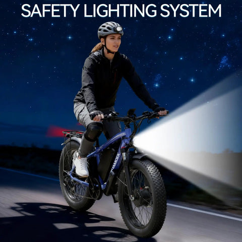 Beast Dual Motor Electric Bike For Adults With 52V 34Ah Battery, safety lighting system in use at night