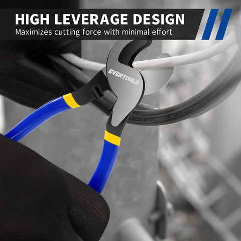 Rock Solid Heavy Duty Cable Cutter For Thick Battery Copper And Aluminum Wires With Ergonomic Comfort Grip and High Leverage Design in use cutting electrical wire.