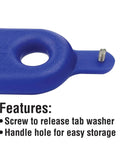 Close-up of a blue marine tool showing a screw for tab washer release and handle hole. Non Corrosive Propeller Wrench For One And One Sixth Inch Nuts Includes Screw Blue Marine Tool For Quick Propeller Removal And Reattachment Also Fits Nine Sixteenths Inch Garboard Drain Plug And Other Small Boat Hardware.