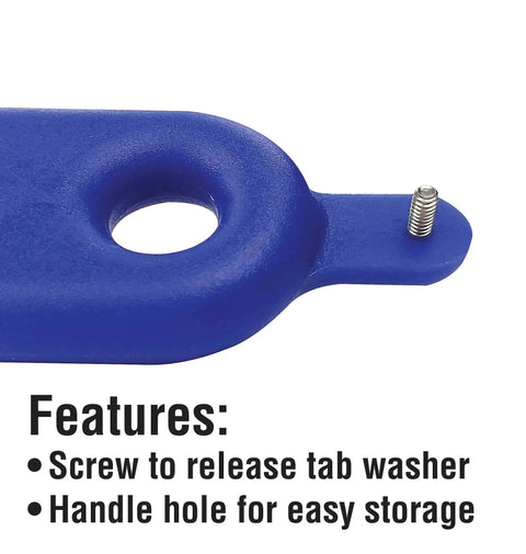 Close-up of a blue marine tool showing a screw for tab washer release and handle hole. Non Corrosive Propeller Wrench For One And One Sixth Inch Nuts Includes Screw Blue Marine Tool For Quick Propeller Removal And Reattachment Also Fits Nine Sixteenths Inch Garboard Drain Plug And Other Small Boat Hardware.