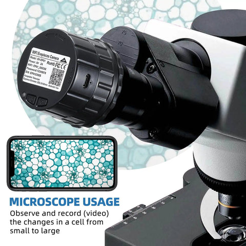 Eyepiece Telescope Camera With 2.5K Video Recording For 24mm To 50mm Eyepieces attached to a microscope showcasing cell details.