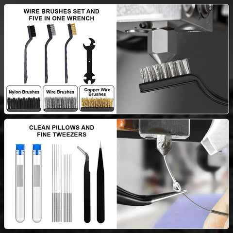 Front view collage of 212-piece 3D printer tool kit with nylon, wire, copper brushes, tweezers and deburring tools