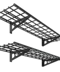 Two Pack 1x4 Foot Wall Shelf Garage Storage Rack Wall Mounted Floating Shelves Black Classic Series Heavy Duty Steel Construction Supports Up To 300 Lbs Total For Garage Pantry Kitchen Organization angled view of two black steel wall-mounted shelves