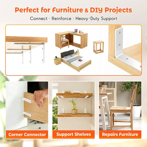 10 Inch Heavy Duty White Shelf Brackets showing use in furniture and DIY projects for wall shelves and furniture repair.