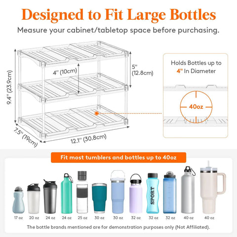 Diagram of Clear Three-Tier Stackable Bottle Organizer For Wine And Drinkware, Freestanding Cabinet Rack For Pantry Or Fridge