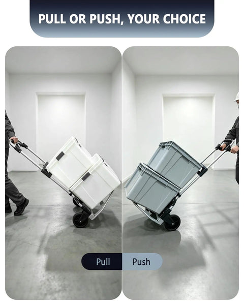 Heavy Duty Folding Hand Truck With Slick Telescoping Handle And Smooth Rolling Wheels Zero Fuss Portable Dolly Cart for pulling and pushing bins.