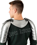 Man wearing Battle Ready Medieval Iron Gorget Spaulders Pauldrons Armor Set For Knights And Cosplay Enthusiasts Handmade 18 Gauge Steel