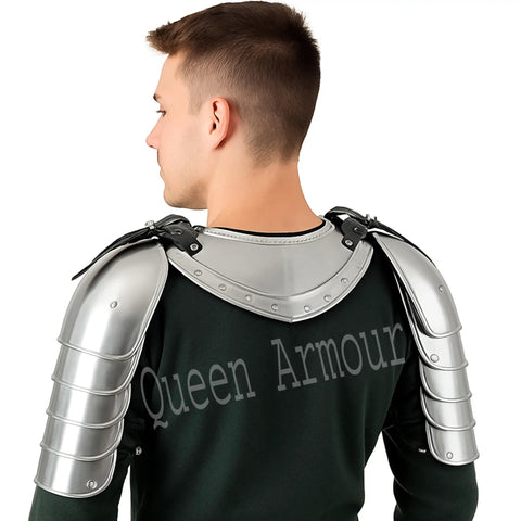 Man wearing Battle Ready Medieval Iron Gorget Spaulders Pauldrons Armor Set For Knights And Cosplay Enthusiasts Handmade 18 Gauge Steel