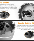 Close-up of chip pocket and cutting edge from Pro Grade Carbide Hole Saw Set 9 Piece Kit With 6 Hole Cutters 2 Pilot Bits 1 L Wrench In Durable Molded Case For Hard Metal And Stainless Steel Fast Cutting And Long Life.