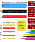 All-In-One Heat Shrink Kit With 328 Pcs 2 To 1 Wiring Tubing, showing 5 colors and sizes, with specifications and measurements.