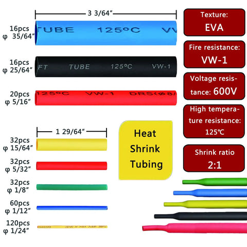 All-In-One Heat Shrink Kit With 328 Pcs 2 To 1 Wiring Tubing, showing 5 colors and sizes, with specifications and measurements.