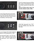 Step-by-step instructions for setting combination lock on medium cash box with pink finish, showing number dials and lock mechanism.