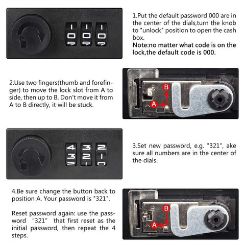 Step-by-step instructions for setting combination lock on medium cash box with pink finish, showing number dials and lock mechanism.