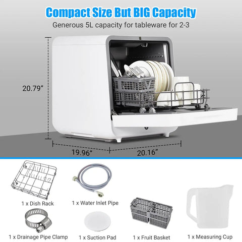Slick Portable Countertop Dishwasher With Five Liter Tank And Six Wash Cycles features a dish rack filled with plates and utensils.