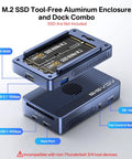 M.2 SSD Tool-Free Aluminum Enclosure and Dock Combo showcasing ports and design, focus on 40Gbps USB C and HDMI.