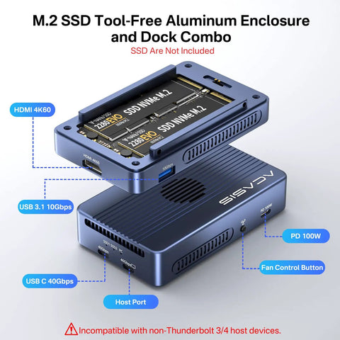 M.2 SSD Tool-Free Aluminum Enclosure and Dock Combo showcasing ports and design, focus on 40Gbps USB C and HDMI.