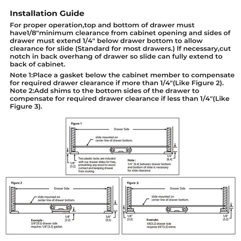 Installation guide for Heavy Duty 5 Pack 16 Inch Black Center Mount Drawer Slides For Cabinets with clearance instructions.