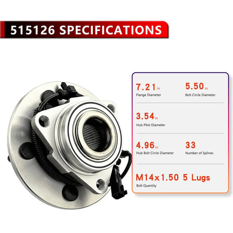 Pair Front Wheel Hub And Bearing Assembly 515126 For 2009 2010 2011 Dodge Ram 1500 With ABS 5 Lug Driver And Passenger Side shown with specifications.