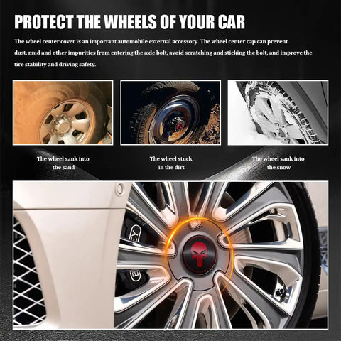 Killer Aluminum Wheel Center Hub Caps Set Of 4 Universal Fit For Any Ride Waterproof Rustproof automotive rim cover on a vehicle wheel.