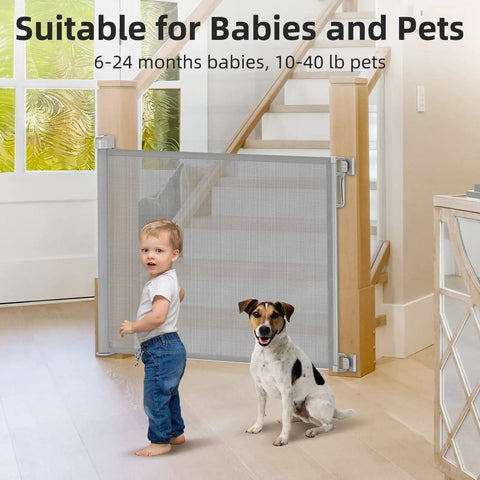 Living room scene with Retractable Baby Gate 33 Inch Tall Extends To 55 Inch Wide Mesh Safety Gate blocking stairs.