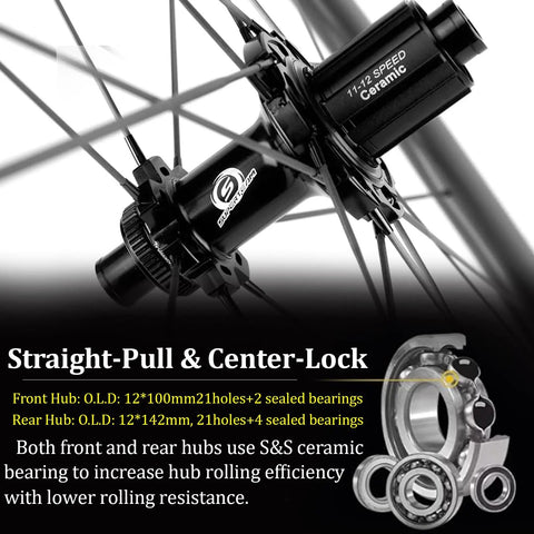 Close-up of a hub with ceramic bearings showing details of center lock ratchet system, part of a carbon disc brake wheelset 50mm deep tubeless rim 28mm wide with ceramic NBK bearings and ratchet system center lock 12x100 front 12x142 rear lightweight about 1.44 kg pair for aero road and gravel rigs.