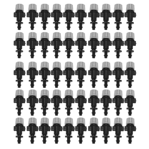 50 Piece Misting Nozzle Set For Garden Drip Irrigation, Durable Plastic Construction, arranged in rows on white background