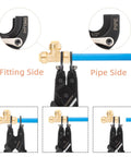 GIANNEER Push Fittings Removal Tool Three Size Disconnect Tongs One Half Inch Three Quarter Inch One Inch For PEX Copper CPVC Fits Fittings Interchangeable Design Improved Version Compact Non Slip Grip For Easy Removal And Leak Free Piping Projects showing tool in use on a pipe and fitting.