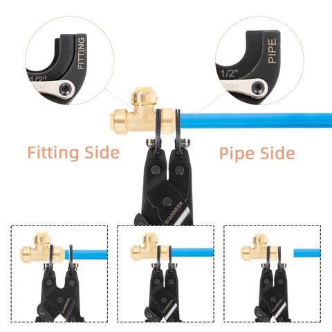 Handy Disconnect Tongs For Quick Push To Connect Fittings Removal Of 1/2 Inch, 3/4 Inch, And 1 Inch Brass Pipe Fittings With Interchangeable Adapters