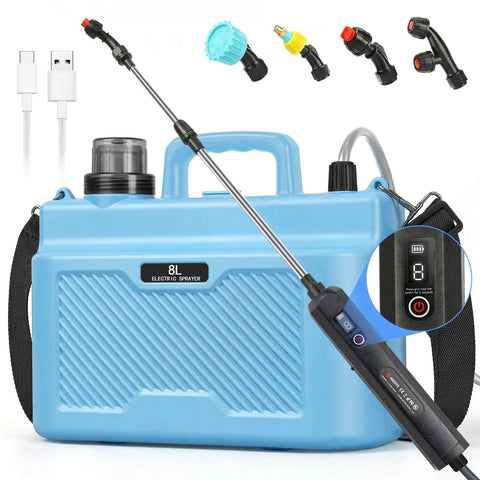 Battery Powered 2 Gallon Sprayer With Three Speed Settings, extendable spray wand, four atomizing nozzles, LED indicator