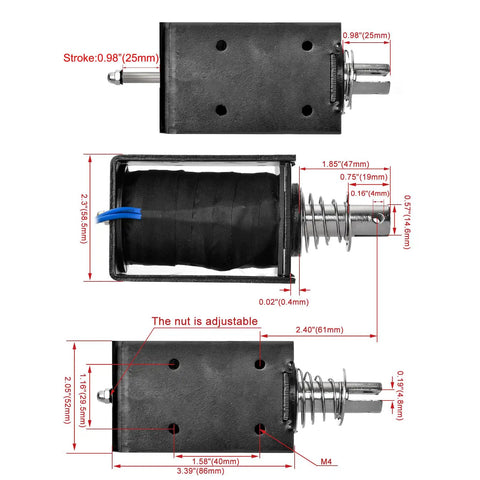 DC 12V Solenoid Electromagnet HS 1683B Push Pull Open Frame With 25mm Stroke And 80N Pull Force For Linear Motion Projects Plunger Spring Return Built Tough Copper Coil Actuator For Industrial DIY, shown with dimensions