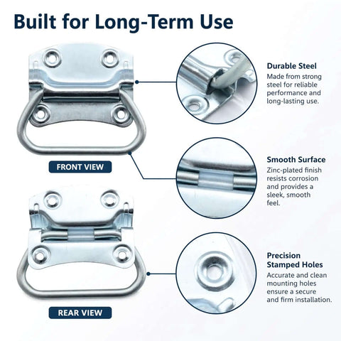 3-1/2 Inch Chest Handles, Two Pack, Steel Surface Mount Pull Ring Handles, Zinc Plated shown front and rear views with details.