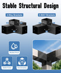 Built Tough 4x4 Pergola Brackets Kit With 3 Way And 4 Way Corner Brackets shown in black steel, ideal for outdoor structures.