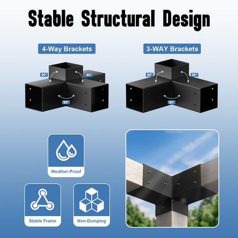 Built Tough 4x4 Pergola Brackets Kit With 3 Way And 4 Way Corner Brackets shown in black steel, ideal for outdoor structures.