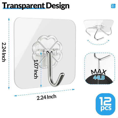 Heavy Duty Adhesive Wall Hooks 12 Pack Clear Rust Resistant Stainless Steel Sticky Hangers With Beefy Load Capacity Zero Drill Hassle Free Peel And Stick For Every Space showing a clear 2.24 inch hook with a 44 lb capacity.