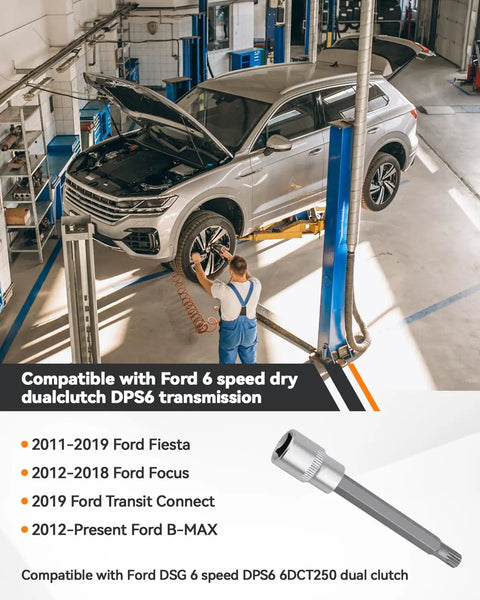 Car lifted in garage for repair using Ford DSG Gearbox Clutch Motor Unit Unlock Tool for Focus DPS6 and 6DCT250 Dual Clutch