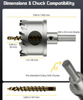 Dimensions of Rock Hard Carbide Hole Saw Kit For Metal Working, compatible with standard 3-jaw drill chucks.