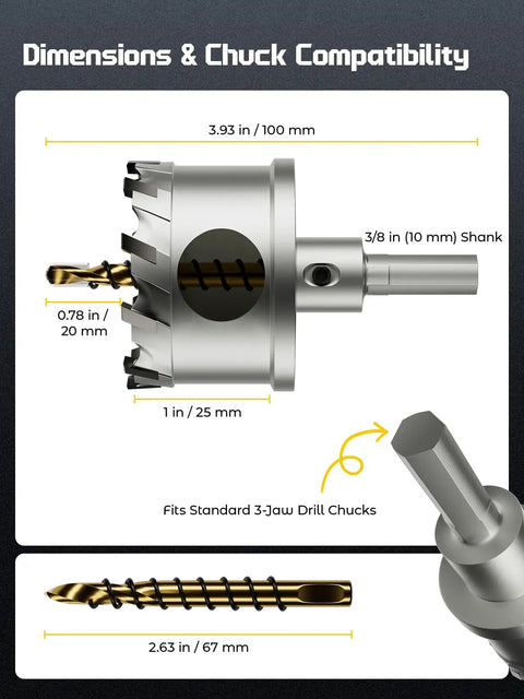 Dimensions of Rock Hard Carbide Hole Saw Kit For Metal Working, compatible with standard 3-jaw drill chucks.