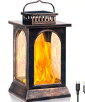 Lit Outdoor Solar Lantern With Realistic Flickering Flame, Metal Hanging Lantern For Patio And Garden, USB Rechargeable Option, Waterproof IP65, Large Decorative Light For Yard, Porch Or Deck, 1 Pack, showing bronze finish with USB cable.
