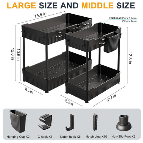 Total Game Changer Two Pack Under Sink Cabinet Organizer Rack With Sturdy Hooks And Hanging Cup dimensions showing large and middle size.