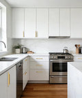 Modern kitchen with white cabinets fitted with gold cabinet handles 10 pack 3-3/4 inch brushed brass drawer pulls for kitchen cupboard.